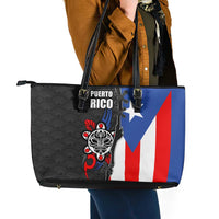 Puerto Rico Leather Tote Bag with Tribal Sun Symbol and Flag Color Block Design