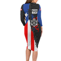 Puerto Rico Long Sleeve Bodycon Dress with Tribal Sun Symbol and Flag Color Block Design