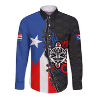 Puerto Rico Long Sleeve Button Shirt with Tribal Sun Symbol and Flag Color Block Design