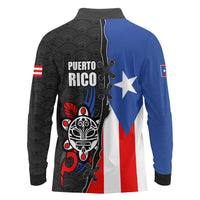 Puerto Rico Long Sleeve Polo Shirt with Tribal Sun Symbol and Flag Color Block Design