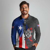 Puerto Rico Long Sleeve Polo Shirt with Tribal Sun Symbol and Flag Color Block Design