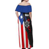 Puerto Rico Off Shoulder Maxi Dress with Tribal Sun Symbol and Flag Color Block Design