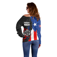 Puerto Rico Off Shoulder Sweater with Tribal Sun Symbol and Flag Color Block Design