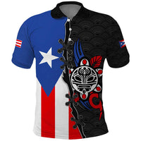 Puerto Rico Polo Shirt with Tribal Sun Symbol and Flag Color Block Design