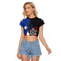 Puerto Rico Raglan Cropped T Shirt with Tribal Sun Symbol and Flag Color Block Design