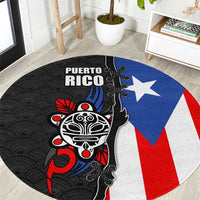 Puerto Rico Round Carpet with Tribal Sun Symbol and Flag Color Block Design