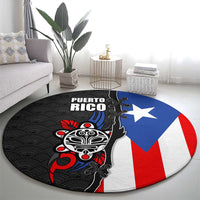 Puerto Rico Round Carpet with Tribal Sun Symbol and Flag Color Block Design