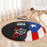 Puerto Rico Round Carpet with Tribal Sun Symbol and Flag Color Block Design