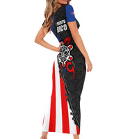 Puerto Rico Short Sleeve Bodycon Dress with Tribal Sun Symbol and Flag Color Block Design