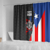 Puerto Rico Shower Curtain with Tribal Sun Symbol and Flag Color Block Design