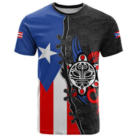 Puerto Rico T Shirt with Tribal Sun Symbol and Flag Color Block Design