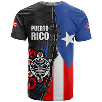 Puerto Rico T Shirt with Tribal Sun Symbol and Flag Color Block Design