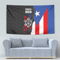 Puerto Rico Tapestry with Tribal Sun Symbol and Flag Color Block Design