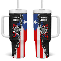Puerto Rico Tumbler With Handle with Tribal Sun Symbol and Flag Color Block Design