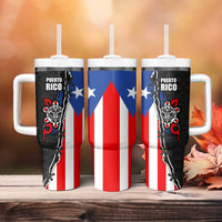 Puerto Rico Tumbler With Handle with Tribal Sun Symbol and Flag Color Block Design