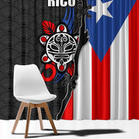 Puerto Rico Window Curtain with Tribal Sun Symbol and Flag Color Block Design