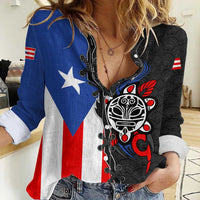 Puerto Rico Women Casual Shirt with Tribal Sun Symbol and Flag Color Block Design