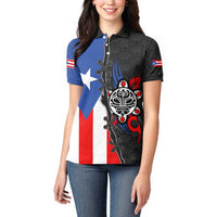 Puerto Rico Women Polo Shirt with Tribal Sun Symbol and Flag Color Block Design