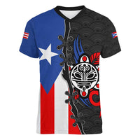 Puerto Rico Women V-Neck T-Shirt with Tribal Sun Symbol and Flag Color Block Design