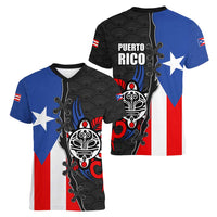 Puerto Rico Women V-Neck T-Shirt with Tribal Sun Symbol and Flag Color Block Design