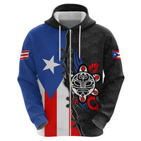 Puerto Rico Zip Hoodie with Tribal Sun Symbol and Flag Color Block Design