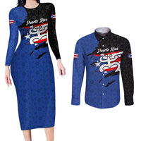 Puerto Rico Couples Matching Long Sleeve Bodycon Dress and Long Sleeve Button Shirt with Coqui Frog Symbol and Distressed Flag Design