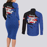 Puerto Rico Couples Matching Long Sleeve Bodycon Dress and Long Sleeve Button Shirt with Coqui Frog Symbol and Distressed Flag Design