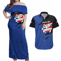 Puerto Rico Couples Matching Off Shoulder Maxi Dress and Hawaiian Shirt with Coqui Frog Symbol and Distressed Flag Design