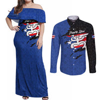 Puerto Rico Couples Matching Off Shoulder Maxi Dress and Long Sleeve Button Shirt with Coqui Frog Symbol and Distressed Flag Design
