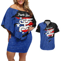 Puerto Rico Couples Matching Off Shoulder Short Dress and Hawaiian Shirt with Coqui Frog Symbol and Distressed Flag Design