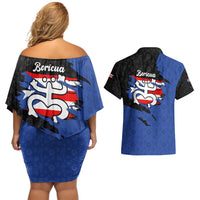 Puerto Rico Couples Matching Off Shoulder Short Dress and Hawaiian Shirt with Coqui Frog Symbol and Distressed Flag Design