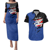 Puerto Rico Couples Matching Puletasi and Hawaiian Shirt with Coqui Frog Symbol and Distressed Flag Design