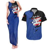 Puerto Rico Couples Matching Tank Maxi Dress and Hawaiian Shirt with Coqui Frog Symbol and Distressed Flag Design