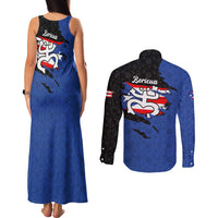 Puerto Rico Couples Matching Tank Maxi Dress and Long Sleeve Button Shirt with Coqui Frog Symbol and Distressed Flag Design