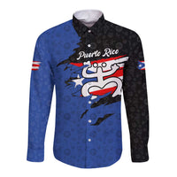 Puerto Rico Long Sleeve Button Shirt with Coqui Frog Symbol and Distressed Flag Design