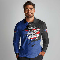 Puerto Rico Long Sleeve Polo Shirt with Coqui Frog Symbol and Distressed Flag Design