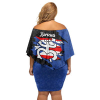 Puerto Rico Off Shoulder Short Dress with Coqui Frog Symbol and Distressed Flag Design