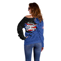 Puerto Rico Off Shoulder Sweater with Coqui Frog Symbol and Distressed Flag Design