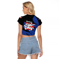 Puerto Rico Raglan Cropped T Shirt with Coqui Frog Symbol and Distressed Flag Design