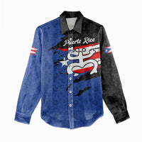 Puerto Rico Women Casual Shirt with Coqui Frog Symbol and Distressed Flag Design