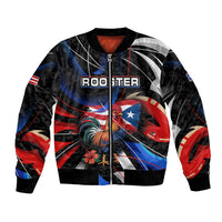 Puerto Rico Rooster Bomber Jacket with Flag Design and Tropical Hibiscus Flowers