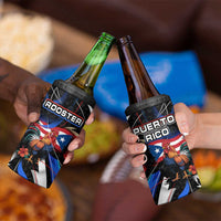 Puerto Rico Rooster 4 in 1 Can Cooler Tumbler with Flag Design and Tropical Hibiscus Flowers