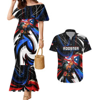 Puerto Rico Rooster Couples Matching Mermaid Dress and Hawaiian Shirt with Flag Design and Tropical Hibiscus Flowers
