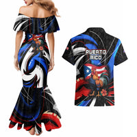 Puerto Rico Rooster Couples Matching Mermaid Dress and Hawaiian Shirt with Flag Design and Tropical Hibiscus Flowers