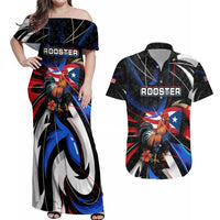 Puerto Rico Rooster Couples Matching Off Shoulder Maxi Dress and Hawaiian Shirt with Flag Design and Tropical Hibiscus Flowers