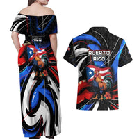Puerto Rico Rooster Couples Matching Off Shoulder Maxi Dress and Hawaiian Shirt with Flag Design and Tropical Hibiscus Flowers