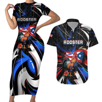 Puerto Rico Rooster Couples Matching Short Sleeve Bodycon Dress and Hawaiian Shirt with Flag Design and Tropical Hibiscus Flowers