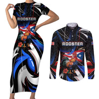 Puerto Rico Rooster Couples Matching Short Sleeve Bodycon Dress and Long Sleeve Button Shirt with Flag Design and Tropical Hibiscus Flowers