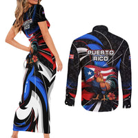 Puerto Rico Rooster Couples Matching Short Sleeve Bodycon Dress and Long Sleeve Button Shirt with Flag Design and Tropical Hibiscus Flowers