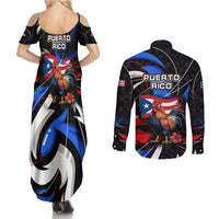 Puerto Rico Rooster Couples Matching Summer Maxi Dress and Long Sleeve Button Shirt with Flag Design and Tropical Hibiscus Flowers